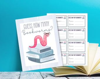 Buchpartyspiel, Guess How viele Bücherwürmer, Bibliotheks-Spendenaktion, Buchclub-Party, Babyparty mit Buchthema, druckbares Guess How viele-Zeichen