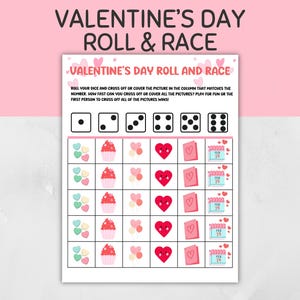 Valentines Day Roll And Race, Valentines Day Roll The Dice, Valentines Day Party Game, Valentines Day Game, Valentine&#39;s Day Classroom Game