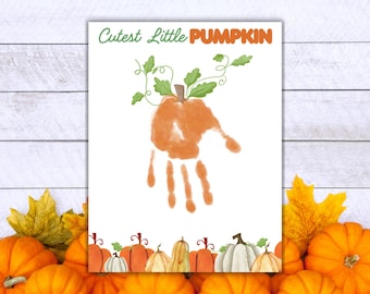 Arte con huellas de manos en calabazas, manualidad imprimible de otoño para niños, actividad de Halloween para preescolares y guarderías.