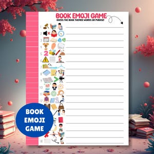 May include: A printable "Book Emoji Game" sheet with a pink border and a blue circle that says "Book Emoji Game." The game includes a list of emojis to guess book-themed words or phrases. The background features pink and red foliage.