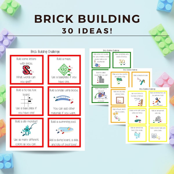 Kids Building Blocks Ideas, Brick Building Challenge, Boredom Buster, Kids Building Blocks Activity, Block Building Idea Cards, Indoor games