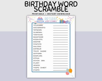 Birthday Word Scramble Printable, Birthday Activity, Birthday Celebration Word Game, Word Scramble, Birthday Word Scramble With Answers