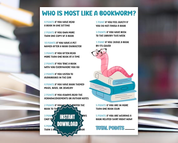 Book Club Games, Who Is Most Like A Bookworm, Book Club Icebreaker, Book Club Party Game, Reading Themed Party Activity, Printable Book Game