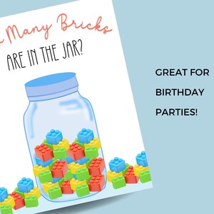 May include: A printable game card with a blue jar filled with colorful plastic bricks. The card says "How Many Bricks Are In The Jar?" and "Great For Birthday Parties!"