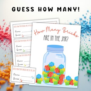 Two pieces of paper with a jar and some building bricks and guessing cards for a guess how many game.