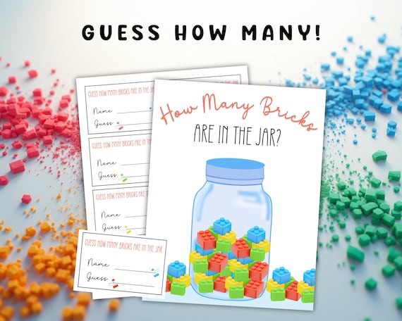 Guess How Many In The Jar, Birthday Party Game, Building Blocks Guessing Game, Guess How Many Building Bricks, Building Block Birthday