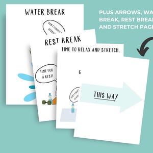 Puede incluir: Cuatro p&aacute;ginas imprimibles con ilustraciones y texto. Las p&aacute;ginas incluyen las palabras "Water Break", "Rest Break", "Time to Relax and Stretch", "Don't Forget to Drink" y "This Way".