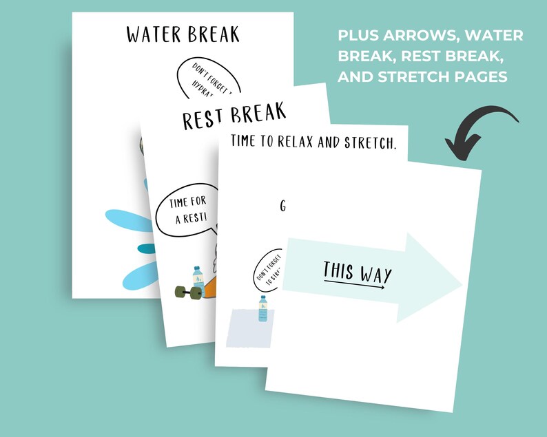 Puede incluir: Cuatro p&aacute;ginas imprimibles con ilustraciones y texto. Las p&aacute;ginas incluyen las palabras "Water Break", "Rest Break", "Time to Relax and Stretch", "Don't Forget to Drink" y "This Way".