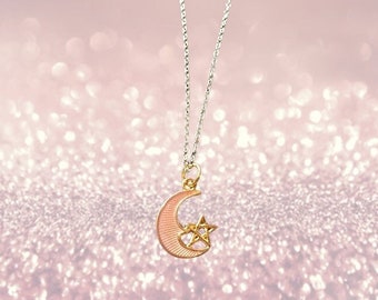 Pink Moon with Star Necklace -  Stars Moons Night Sky - Silver Plated - FAST SHIPPING!!