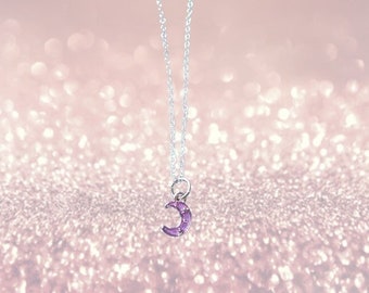 Pink Moon with Stars Necklace - Moons Night Sky Star - Silver Plated - FAST SHIPPING!!