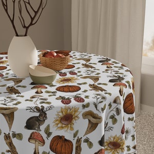 Vintage Autumn Forest Tablecloth Featuring Mushrooms, Pumpkins, Sunflowers, Owls, Rabbits | Fall Lover's Gift | Autumn Botanical Entertain