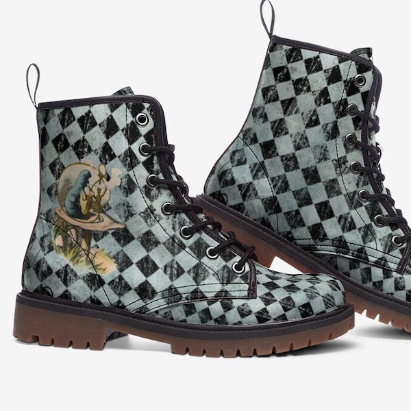 Alice in Wonderland Boots | Casual Vegan Leather Lightweight Boots | Cheshire Cat | Smoking Caterpillar Shoes | Doc Marten Style Alice Boots