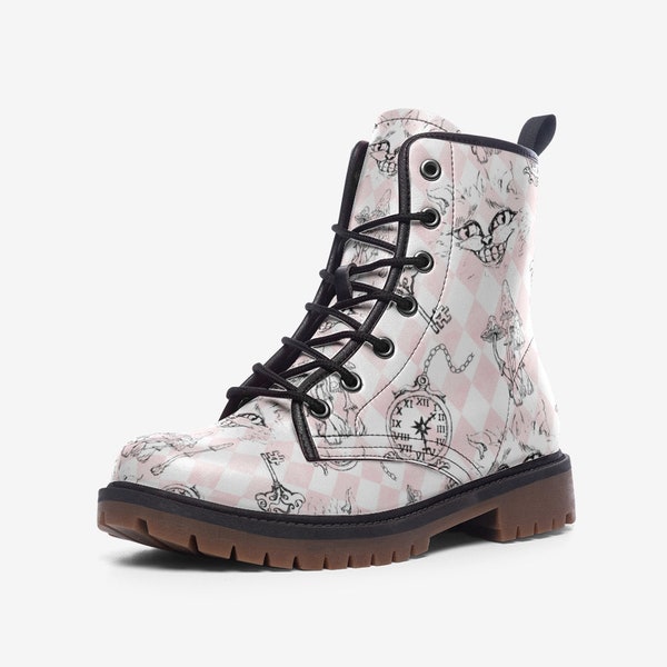 Alice in Wonderland Boots | Unisex Casual Vegan Leather Lightweight Boots Featuring Cheshire Cat and Timewatch | Cheshire Cat Fan Boots |