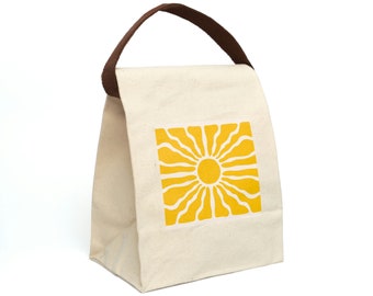 Canvas Lunch Bag With Strap Featuring Horizontal Retro Groovy Background With Bright Sunburst in 60s 70s Style | Psychedelic Lunch Bag