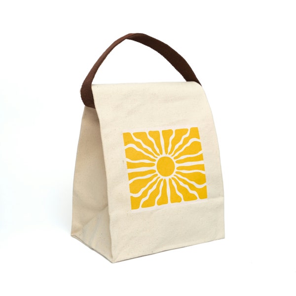 Canvas Lunch Bag With Strap Featuring Horizontal Retro Groovy Background With Bright Sunburst in 60s 70s Style | Psychedelic Lunch Bag