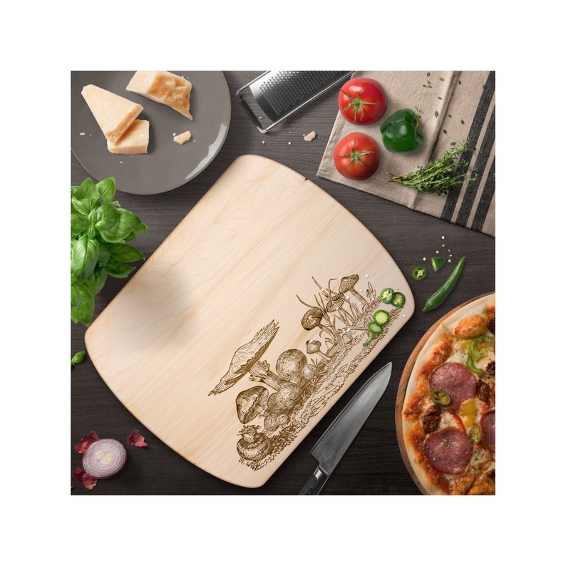 Maple & Walnut Cutting Boards | Stunning Cutting Boards With a Vintage Mushroom Laser Etching | Mushroom Lover Kitchen Utensil | Two Sizes