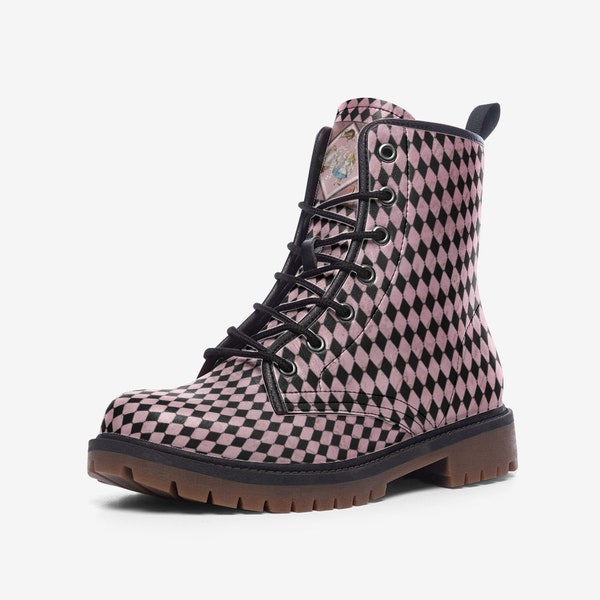 Alice in Wonderland Vegan Leather Boots | Unisex Casual Lightweight Boots |Alice in Wonderland Lover Gift Pink & Black Diamond Check Pattern