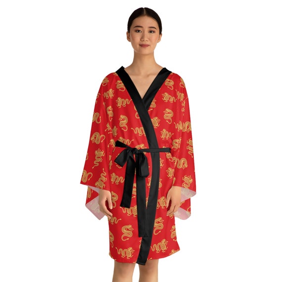 Red Dragon Long Sleeve Kimono Robe Featuring Vibrant Red With Gold 