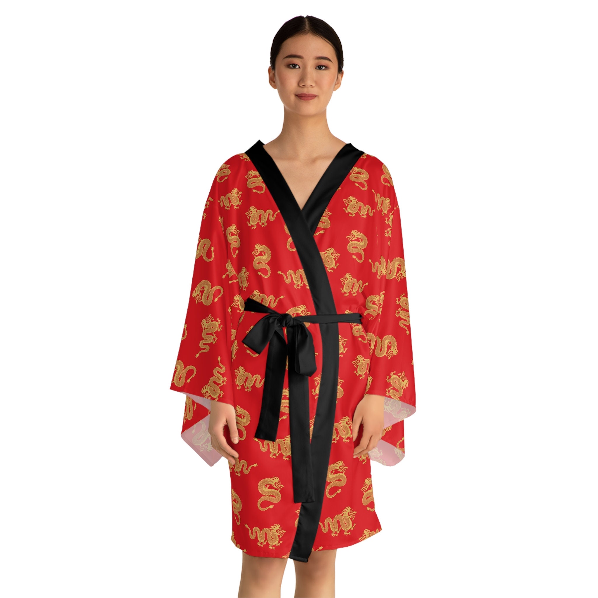 Red Dragon Long Sleeve Kimono Robe Featuring Vibrant Red With Gold 