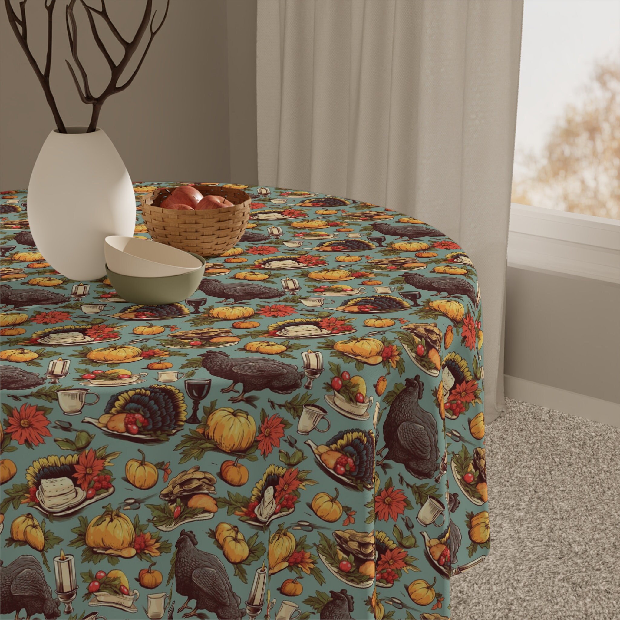 Vintage Thanksgiving Tablecloth | Hand Drawn Vintage Autumn Pattern ...