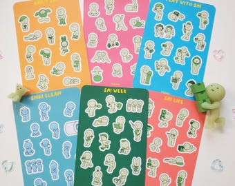 funny green guy series matte vinyl sticker sheet | cute trinket collector, funny green guy sticker sheet