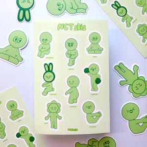 nctskis silly green guy matte laminated sticker sheet | aesthetic cute, funny kpop stickers for nctzen