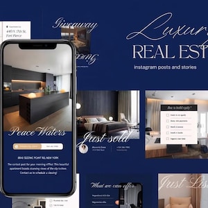 Op de afbeelding: Een smartphone met een digitaal sjabloon voor social media berichten over luxe onroerend goed. Het scherm toont een donker keukeninterieur met de tekst Peace Waters, 8843 Scenic Point Rd, New York op een marineblauwe achtergrond.
