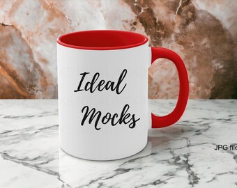 11oz Red Accent Coffee Mug Mockup White Mug with Blue Handle Blank Ceramic Coffee Cup Mock up