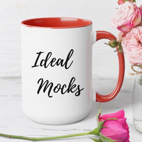 15oz Red Two Tone Coffee Mug Mockup White Mug with Blue Handle Blank Ceramic Coffee Cup Mock up Glossy Finish JPG