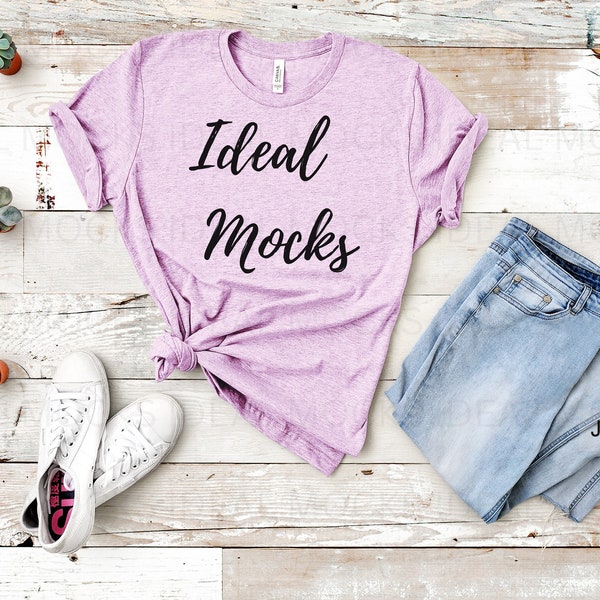 Heather Prism Lilac Bella Canvas 3001 T Shirt Mockup Womens BC Flat Lay Styled Shirt Mockups JPG