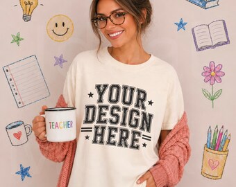 Ivory Comfort Colors 1717 Teacher Mockup C1717 Back To School Oversized Tee Mock-up