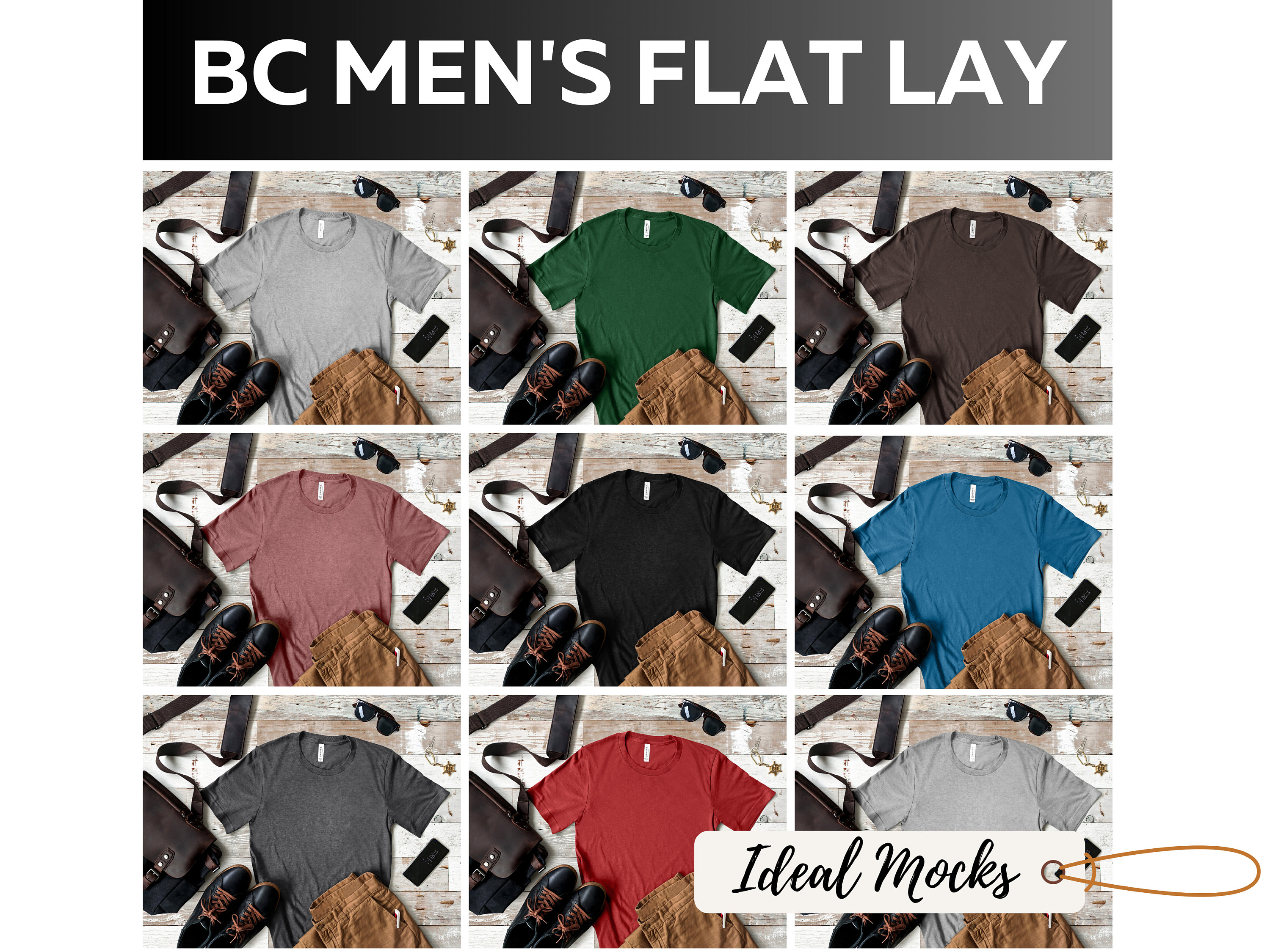 Men's Bella Canvas 3001 T-shirt Mockup Bundle Flat Lay Mens T Shirt Mockups BC Styled Tee Mock up JPG