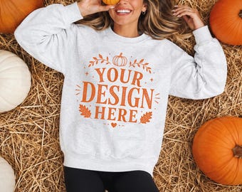 Ash Gildan 18000 Crewneck Sweatshirt Fall Autumn Mockup Oversized Trendy Model Mockups G1800