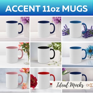 11 oz Accent Coffee Mug Mockup Bundle White Ceramic Colored Interior Mugs with Black Red Blue Navy Pink Handle Blank Mockups JPG