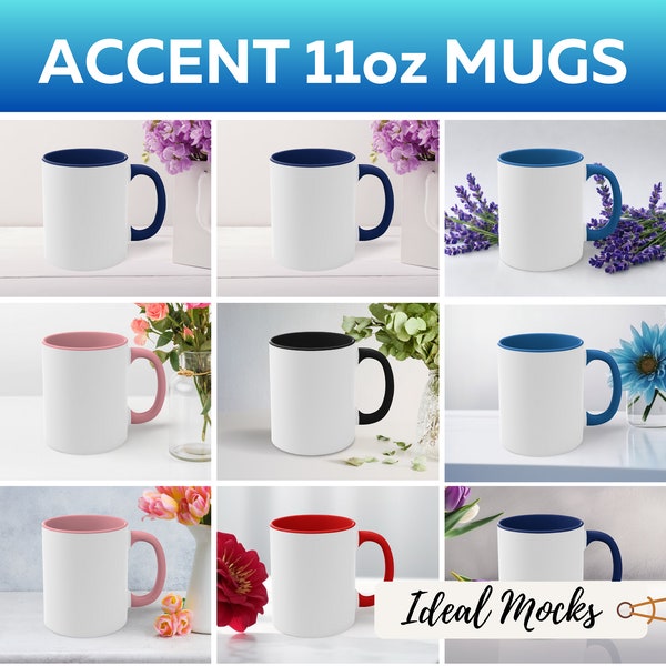 11 oz Accent Coffee Mug Mockup Bundle White Ceramic Colored Interior Mugs with Black Red Blue Navy Pink Handle Blank Mockups JPG