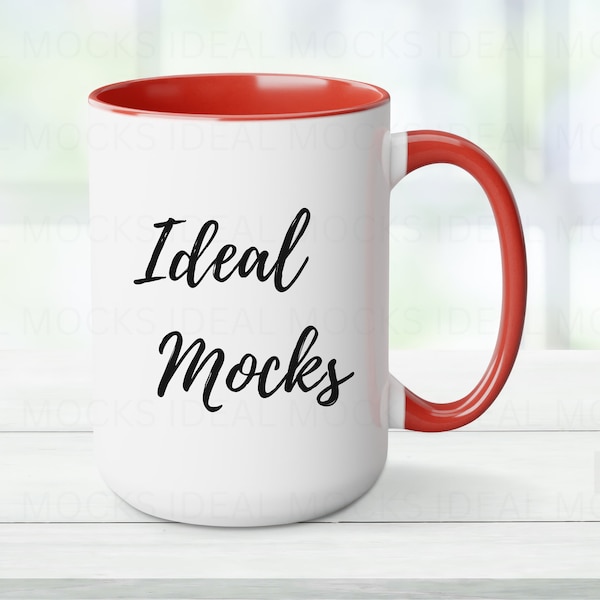 15oz Red Two Tone Coffee Mug Mockup White Mug with Blue Handle Blank Ceramic Coffee Cup Mock up Glossy Finish JPG