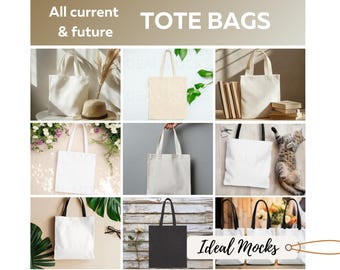 May include: A collection of tote bags in various settings. The bags are all white canvas with black handles. Some bags are on a table, some are on a wooden surface, and some are on a white surface. The text "TOTE BAGS" is at the top of the image. The text "Ideal Mocks" is at the bottom of the image.