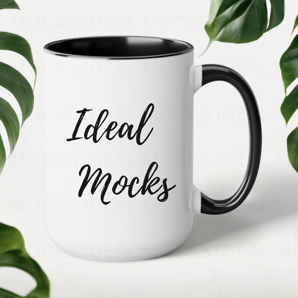 15oz Black Two Tone Coffee Mug Mockup White Mug with Blue Handle Blank Ceramic Coffee Cup Mock up Glossy Finish JPG