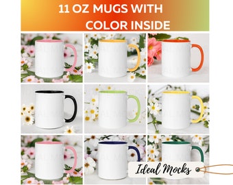 11-Unzen-Tasse mit farbigem Mockup-Bundle Weiße Keramiktassen mit goldenem Gelb Orange Dunkelgrün Dunkelblau Rosa Griff Leere Mockups JPG