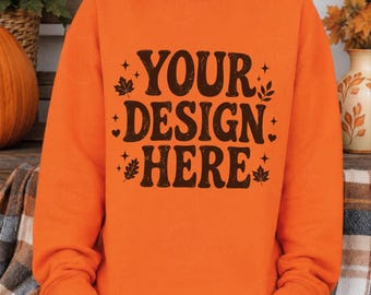 Fall Orange Sweatshirt Mockup G1800 Halloween Thanksgiving  Gildan 1800 Crewneck Mock-up Oversized Trendy Sweatwer Mockups G180 JPG