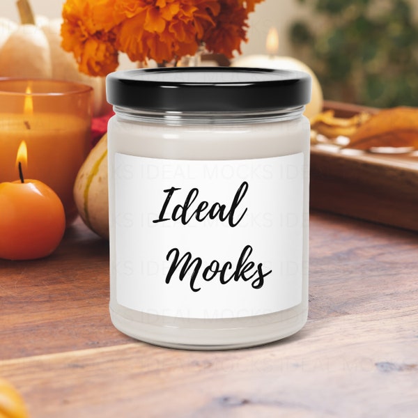 Thanksgiving Candle in Jar with Black Lid Mockup 9oz Scented Soy Candles Fall Halloween Label Mock up JPG