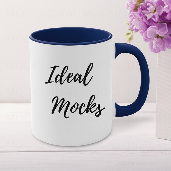 11oz Navy Accent Coffee Mug Mockup White Mug with Blue Handle Blank Ceramic Coffee Cup Mock up