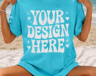 Lagoon Blue Comfort Colors 1717 Mockup Trendy Summer Tshirt C1717 Model Shirt Mockups