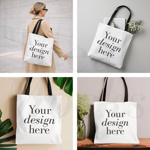 May include: White tote bags with black handles, each displaying the text "Your design here" in a stylish font. The bags are shown in various settings, including one being carried by a person and others with floral arrangements.