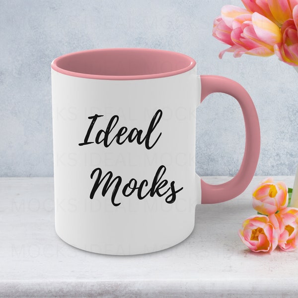 11oz Pink Accent Coffee Mug Mockup White Mug with Blue Handle Blank Ceramic Coffee Cup Mock up