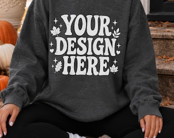 Dark Heather Gildan 18000 Crewneck Sweatshirt Mockup Trendy Model Mockups G1800