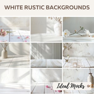 Puede incluir: Un collage de nueve fondos rústicos blancos con varios accesorios, incluyendo flores, jarrones y sombras. El texto "WHITE RUSTIC BACKGROUNDS" está en la parte superior. Una etiqueta "Ideal Mocks" está en la esquina inferior derecha.