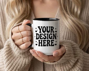 15oz Black Two Tone Accent Coffee Mug Mockup White Mug with Black Handle Blank Ceramic Coffee Cup Mock up Glossy Finish JPG