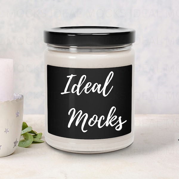 Candle with Black Label in Jar with Black Lid Mockup 9oz Scented Soy Candles Mockups JPG