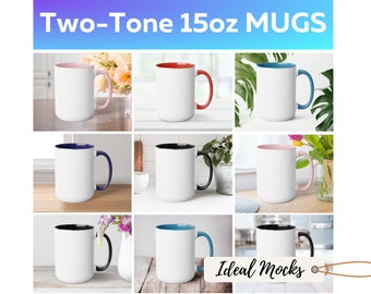 15 oz Two Tone Coffee Mugs Mockup Bundle White Cups with Black Red Blue Light Blue Pink Handle Glossy Finish Accent Coffee Mug Mockups JPG
